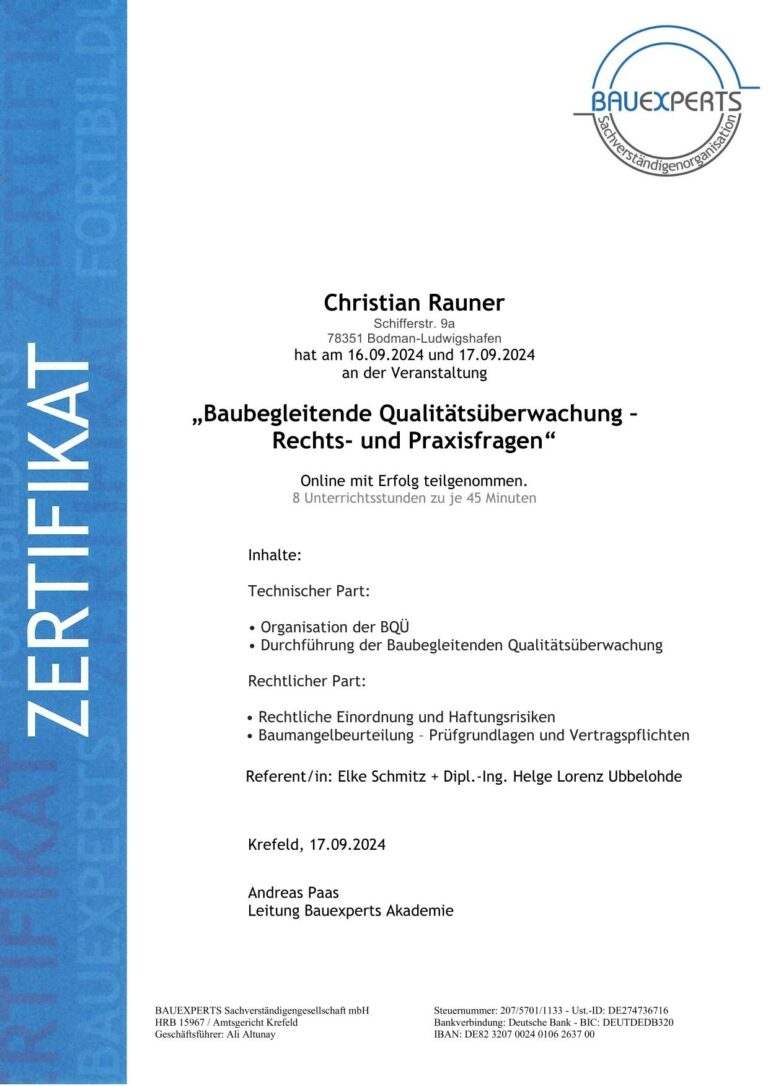 Christian Rauner Baubegleitende Qualitätsüberwachung - Rechts- und Praxisfragen_Zertifikat-1